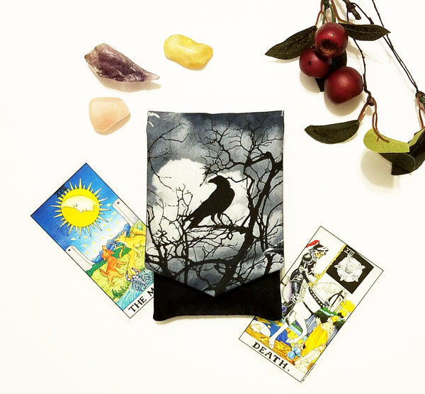 Silk Raven Tarot Case with Rider Waite Death and Moon Tarot Cards