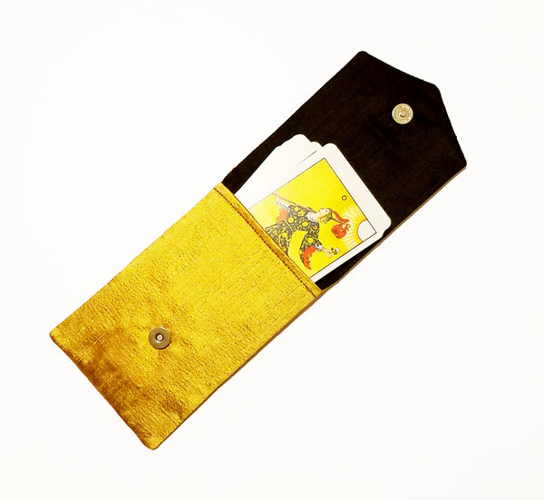 Double silk tarot bag or case - gold, opened with tarot cards