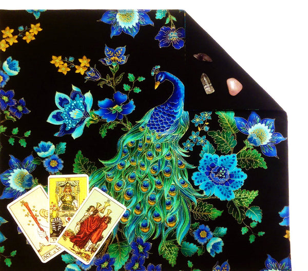 Tarot Cloth Altar Cloth - Peacock  Silk or Velvet Lining Options, 18"x20", Midnight Plumes Collection